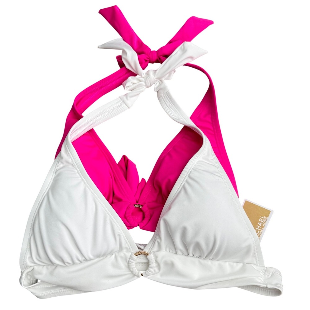 Michael Kors White & Pink Halter Bikini Tops Gold Ring Detail Size‎ Small NWT